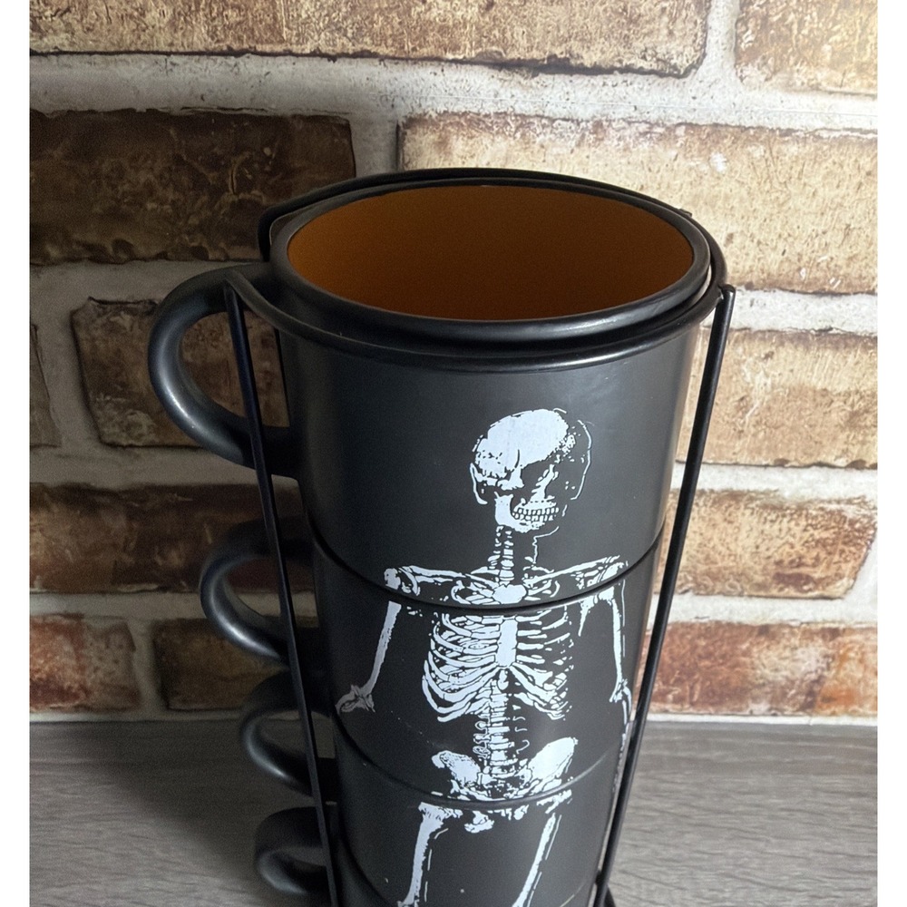 Stackable Skeleton Black Ceramic Coffee Mug Set of 4, 16 fl oz Halloween - Picture 2 of 8